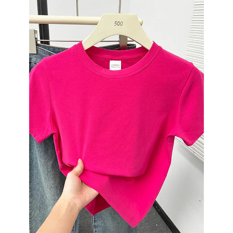 2026 Summer New High Quality Casual T Shirt Sexy Short Sleeved Sleeves Fashion Trend Solid Women Clothing Y2k Tops