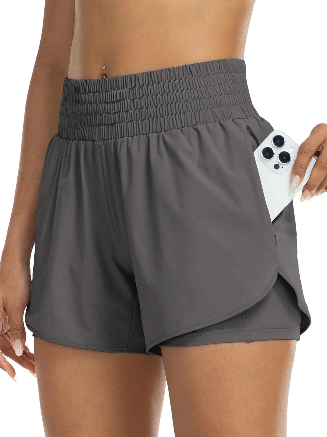 Women's high-waisted athletic shorts for running, yoga, layered design, anti-exposure, fitness, and workout with pockets
