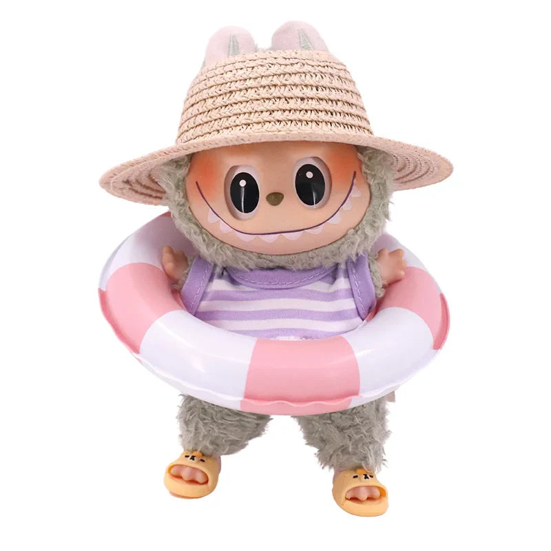 For Labubu Doll Clothes Swimsuit Cute Shark Slippers 15-17Cm Plush Doll Glasses Straw Hat,For labubu Accessories Holiday Gifts