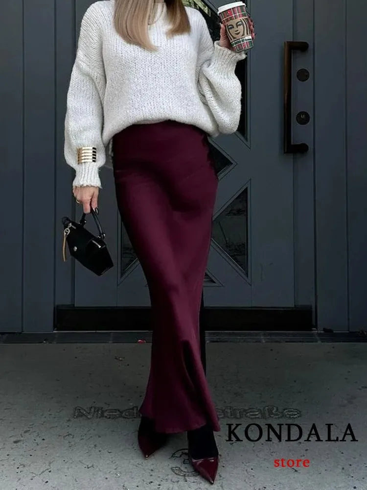 KONDALA Vintage Satin Solid Long Skirts Women High Waist Elastic Silky Skirts Fashion 2025 Spring Elegant Straight Skirts