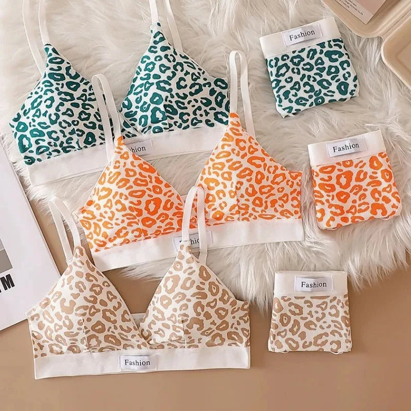 2025 Summer New Women's Leopard Print Traceless and Steel Rim Bra Adjustable Shoulder Strap Back Women's Underwear Set