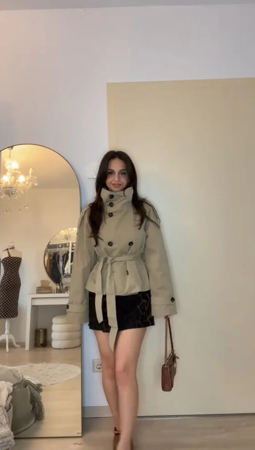 Belted Waist Cropped Trench Jackets Women Double Breasted Stand Collar Coats 2025 Autumn Chic Casual Vintage Jacket Women Cloth