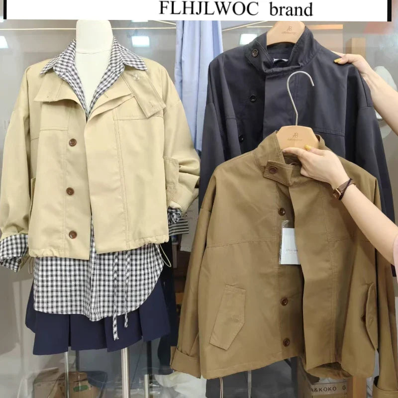 Korea Short Outerwear Woman Casual Loose Lazy Chic Long Sleeve Cotton Blends Windbreaker Coats Thin Thench