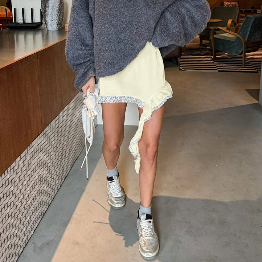 Linad Sexy Lace White Asymmetrical Midi Skirts Street Chic Satin High Waist Slim Skirt Summer Casual Solid Skirt Female 2025