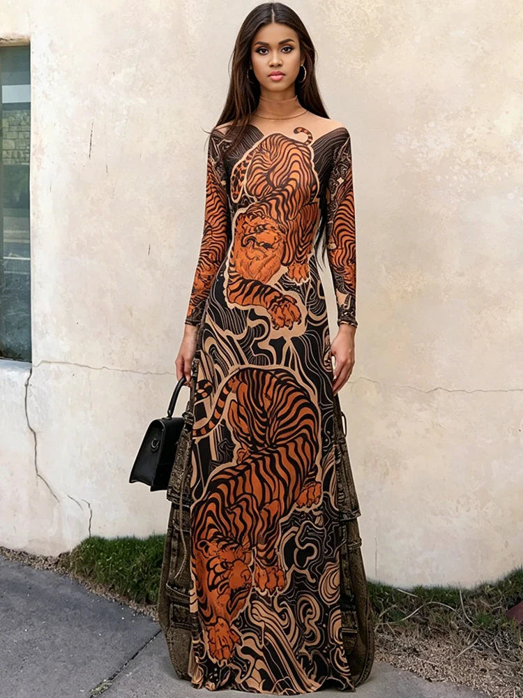 Weird Puss See Through T-Shirts Women Tiger Print Long Sleeve High Neck High Slits High Elastic Skinny Trend Street Hipster Tops
