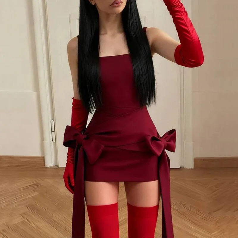 BKLD Fashion Red Bowknot Mini Dress Straps Square Collar Sleeveless Backless Vintage Cute Ladies Slim Party Short A-line Dresses