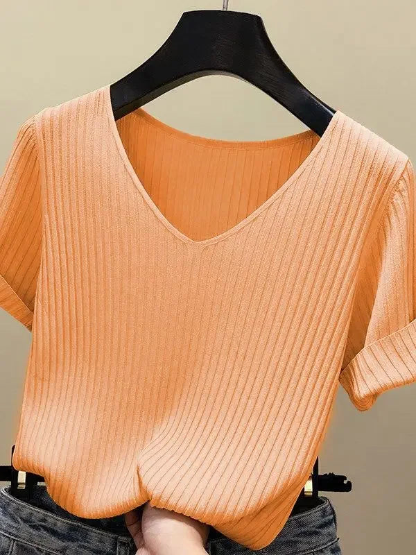 AOSSVIAO 2026 Basic V-neck Solid Thin Summer Women Pullover Female Thin Knitted Ribbed Sweater Slim Short Sleeve Bodycon Sweater