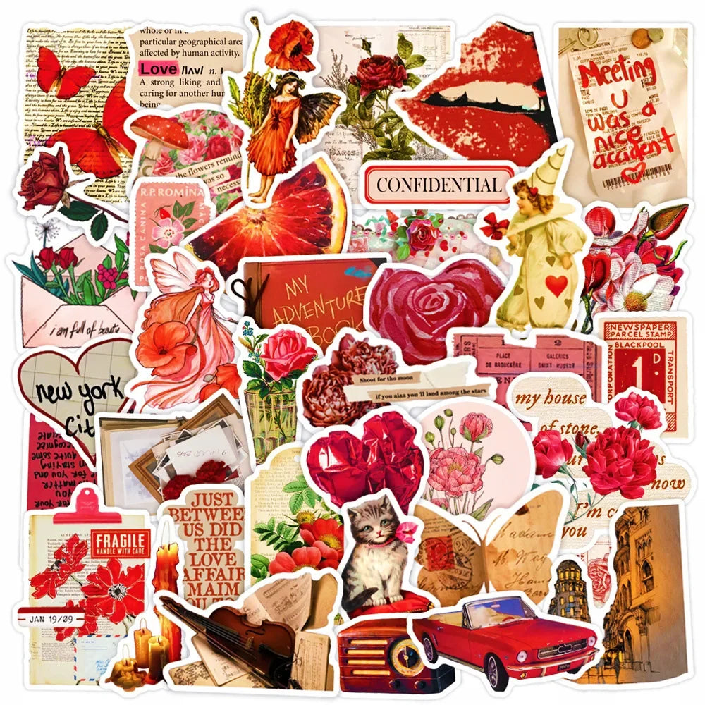 10/30/50pcs Ins Vintage Red Cartoon Stickers Retro Graffiti Decals Skateboard Fridge Laptop Phone Waterproof Sticker Kids Toys