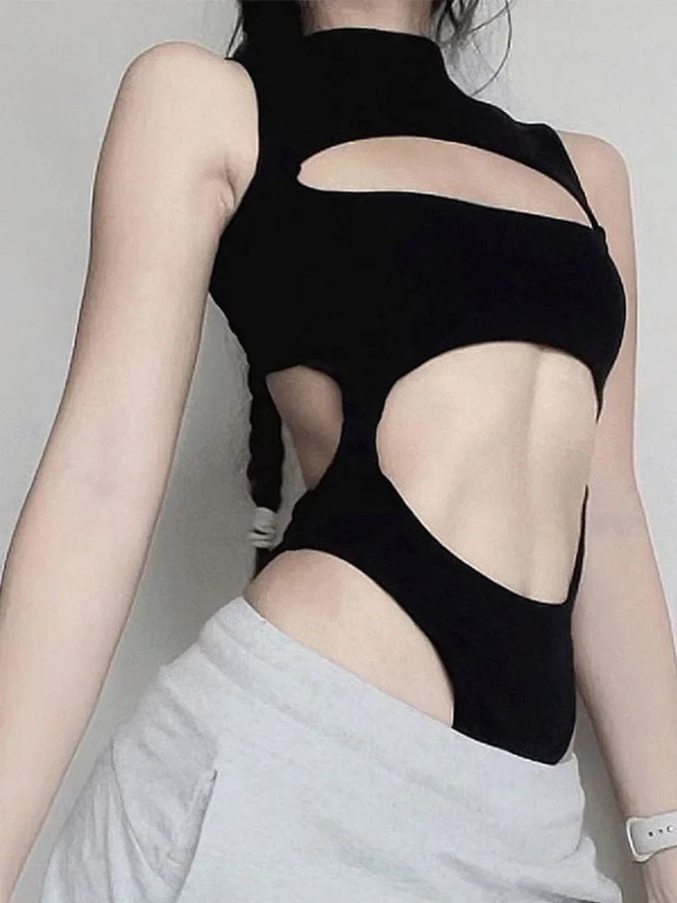 Women's Gothic Techwear Sexy Hollow Out Sleeveless Tank Tops, Bodysuit for Women, Streetwear Style, Backless Playsuit Vest