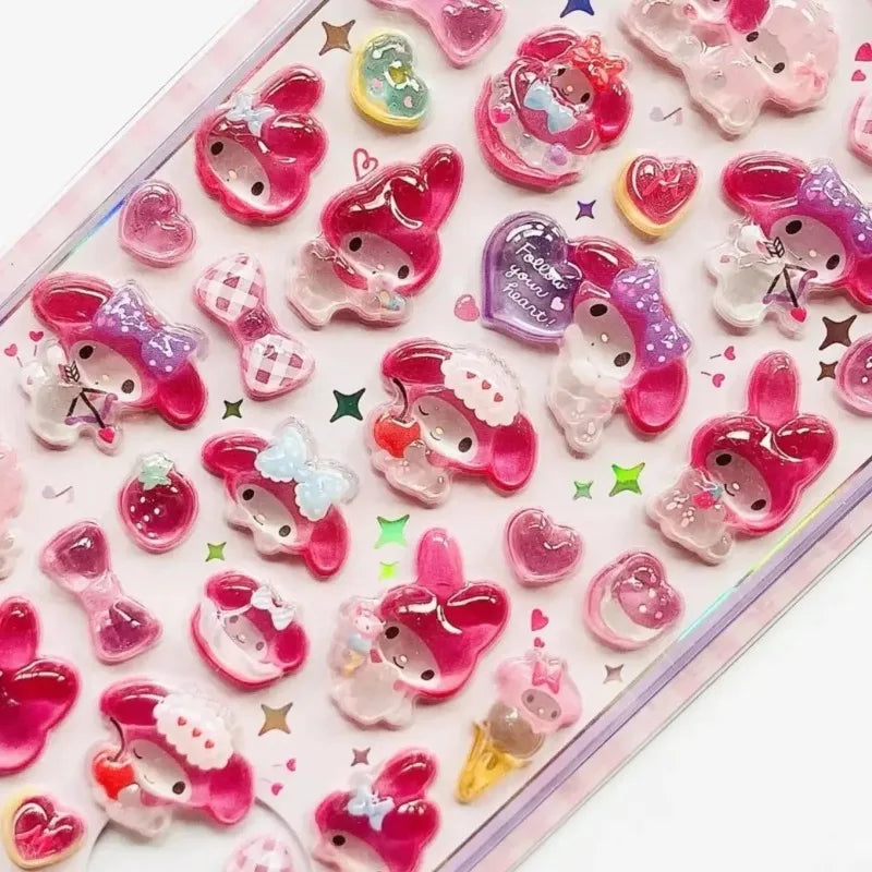 3D Sanrio Hellokitty Kuromi Cinnamoroll Stickers Cute Anime Transparent Jelly Crystal Decorative Sticker Phone Case DIY Kids Toy