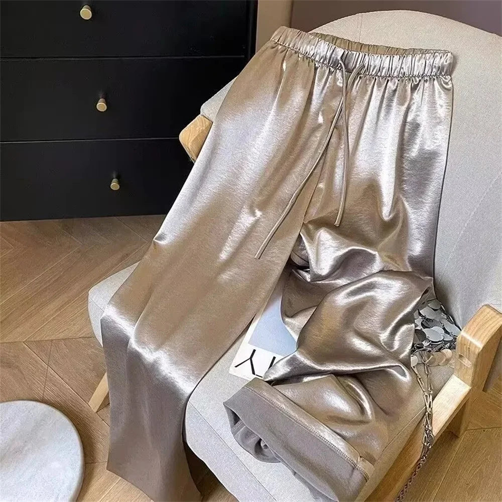 Korean Fashion High Waist Thin Wide Leg Women Summer Office Lady Solid Color Straight All-match Casual Pants Trousers Clothes