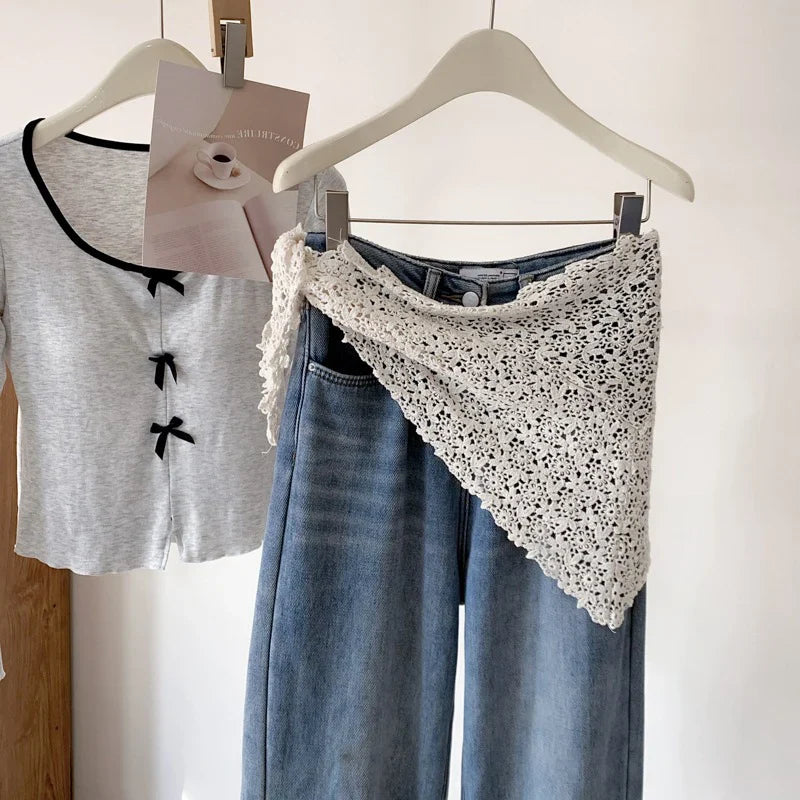 Solid Harajuku White Beige Mesh Lace Skirt Y2k Korean Girl Stacked Skirt Chic Apron Wrap Skirt Lace Up Matching Pants Streetwear