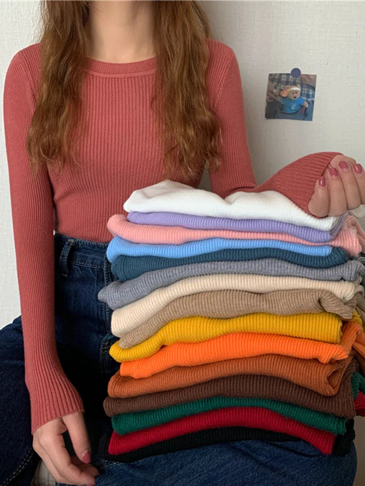 2026 New Women Sweater Autumn Winter Long Sleeve Pullover Basic Top Fashion O-neck Elastic Female Winter Solid Knitted Jumper