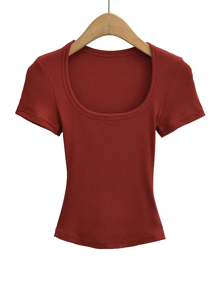 Summer square neck high elasticity crop top women's short sleeved sexy top slim fit pullover base shirt