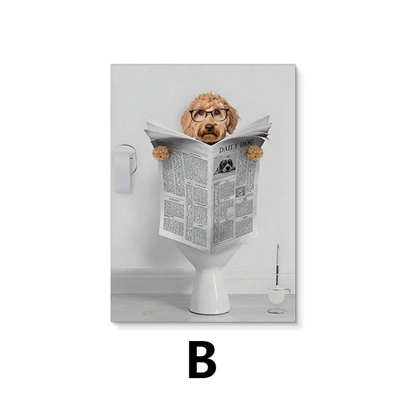 Modern Simple Animal Wall Art Dachshund Toilet Reading Newspaper Canvas Printed Poster Home Bathroom Bedroom Decoration