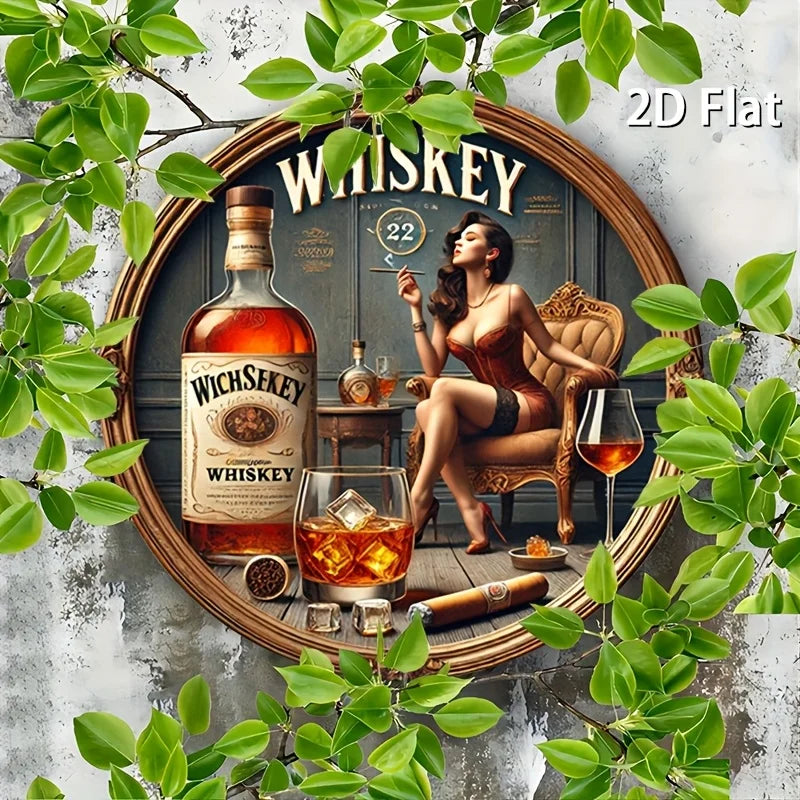 1pc Vintage Whiskey-Themed Round Metal Sign - Female Whiskey Lady & James Bond-Inspired Logo Design, Scotch & Bourbon Art