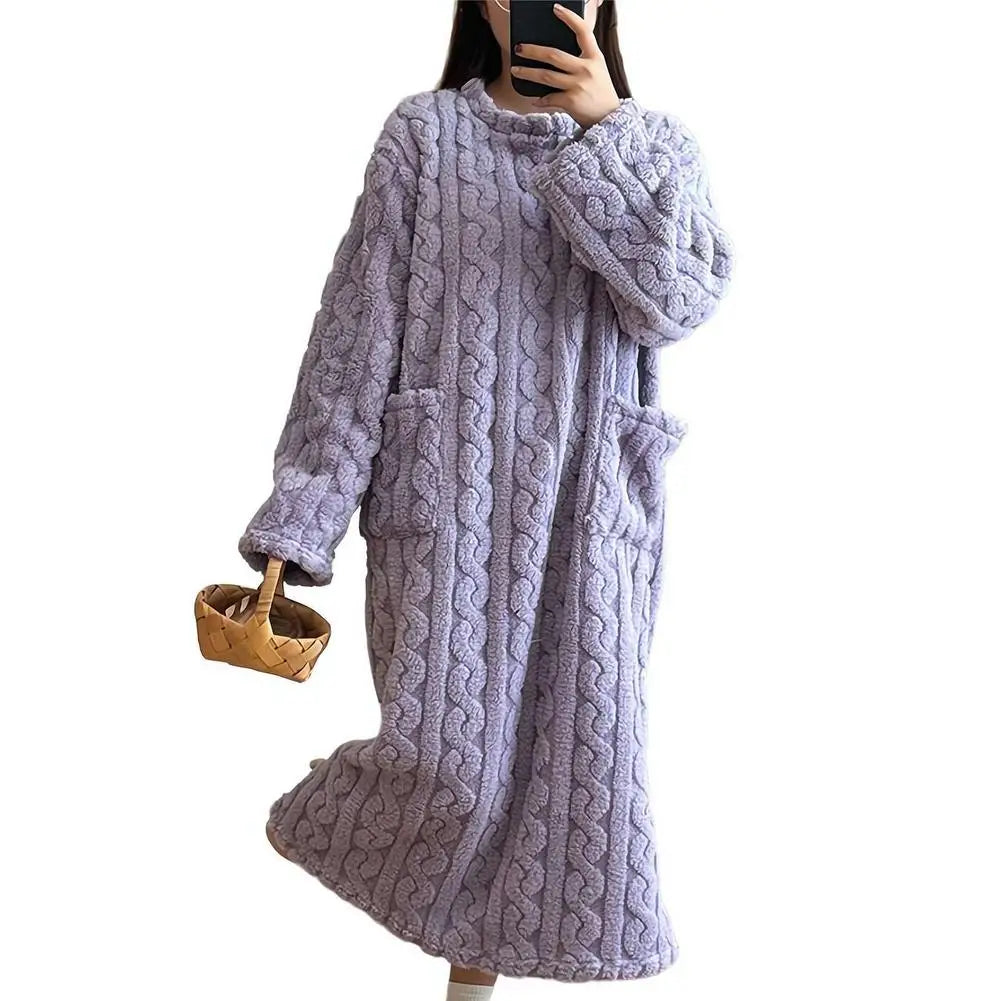 Coral Velvet Women's Nightgown Autumn And Winter Long Sleeve Double Pocket Flannel Nightgowns Women Loose Solid Sleepwear