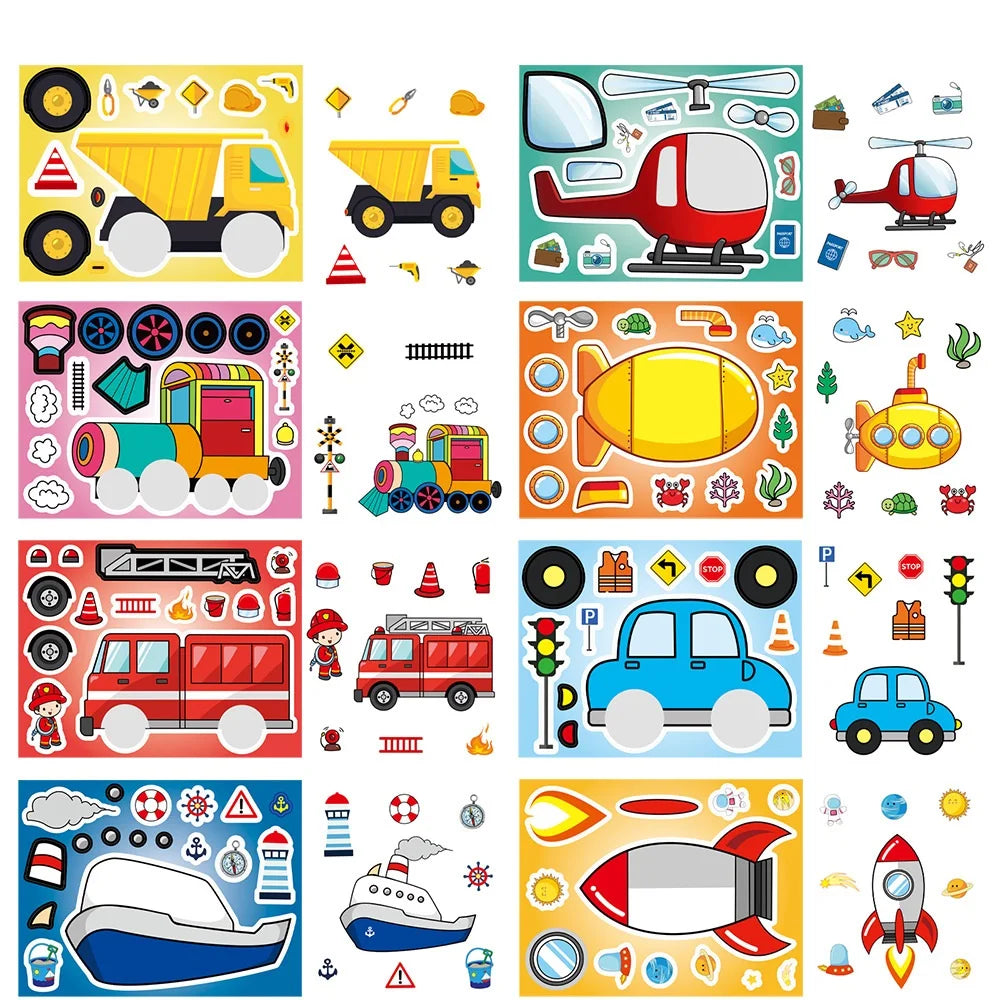 8/16/24PCS Cartoon Transportation Car Face Changing Puzzle Stickers DIY Decoration Guitar Helmet Notebook Stationery Stickers