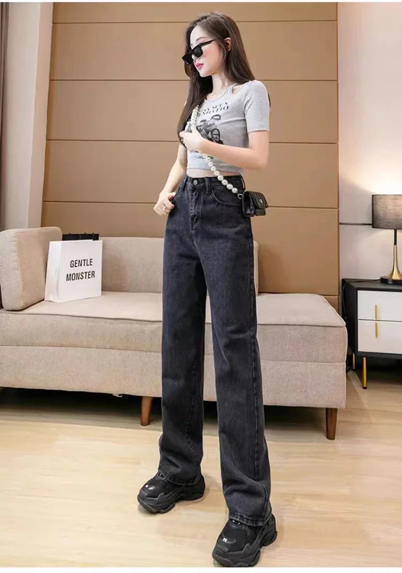 New Design Sense Women's Loose Denim Pants Retro Straight Leg Pants Fashionable Solid Color Loose Casual Wide Leg Pants