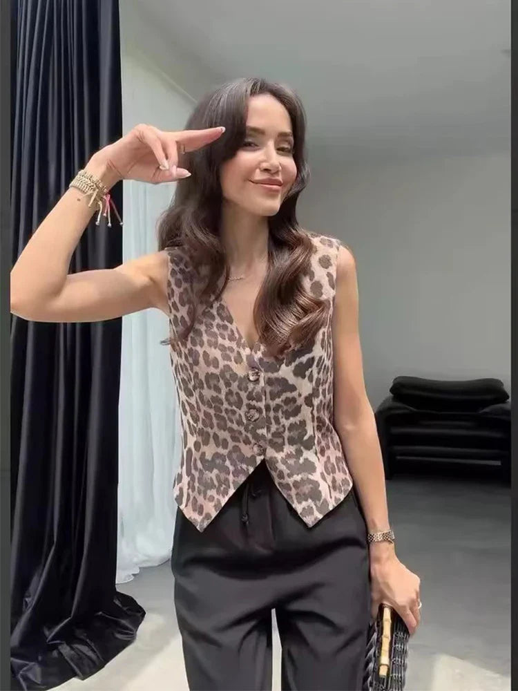 Women's Vest 2025 Fashion Leopard Summer V-Neck Single-breasted Vest Top Ladies Casual Cropped Sleeveless Coat New In Vests