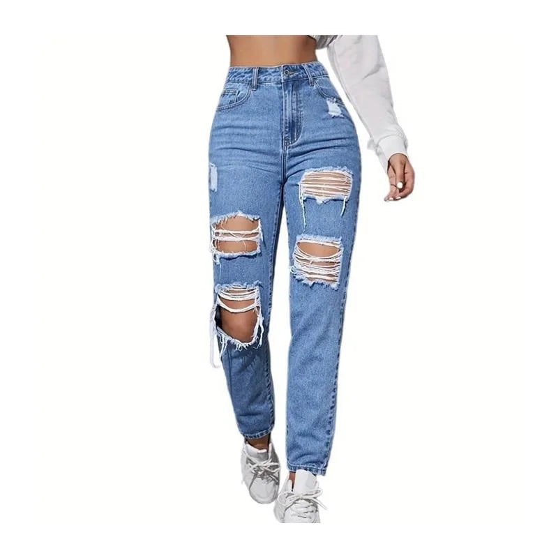 Sexy High Waist Women's Denim Jeans PD08286 New Arrival Blue Hole Punch Design Long Pants Spring 2024 Faion Ladies' Wear