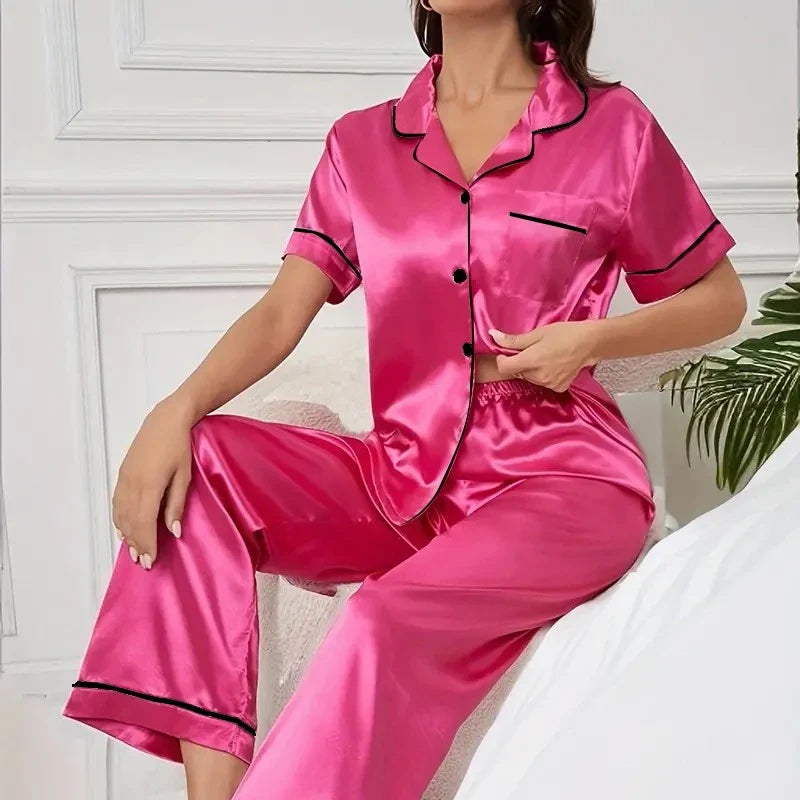 Women's Pajamas Sets Autumn Short Sleeve Buttons Top & Pants Sleepwear 2 Piece Button-Down Pj Set Homewear Satin Loungewear