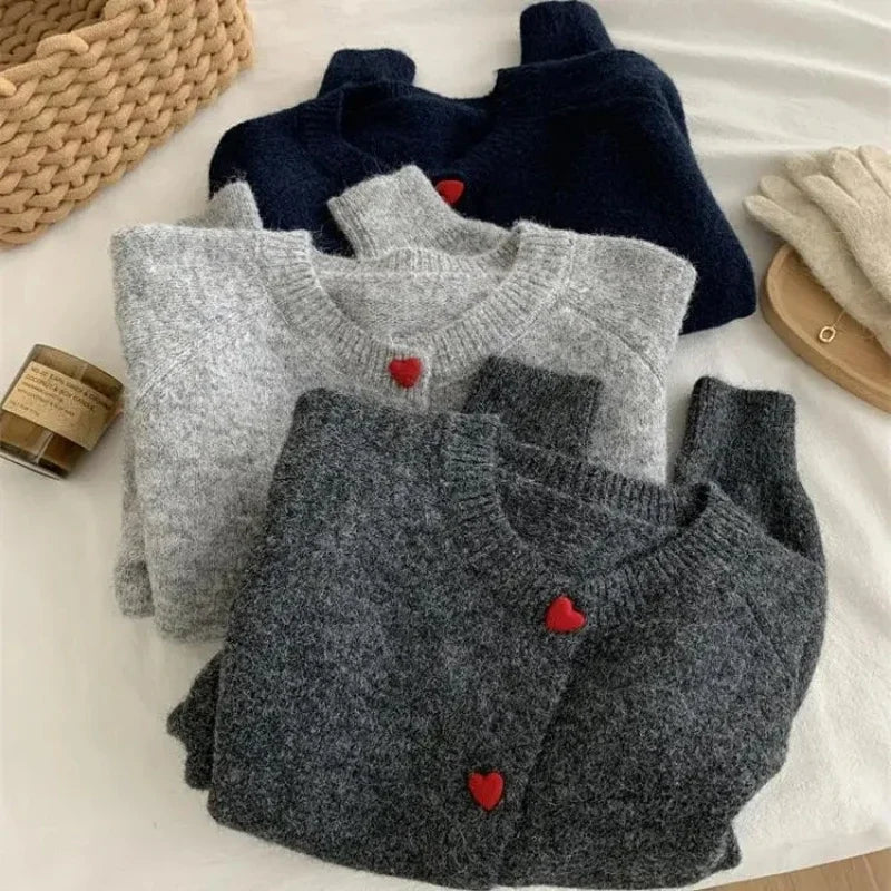 Deep Grey Wool Knitted Cardigan For Women 2026 Autumn Winter Soft And Sticky Warm Love Buckle Shoulder Sleeves