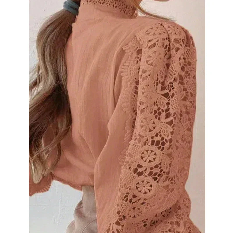 New Women's Long Sleeve High Neck  Chic Blouse, Lace Paneled Hollow Sleeve Elegant Top, Vintage Fashion Office Lady Outfits