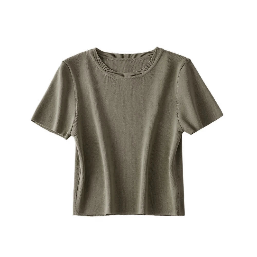 Women Fashion Striped Basic Cropped Knit Sweater Vintage O Neck Short Sleeve Female Pullovers Chic Tops