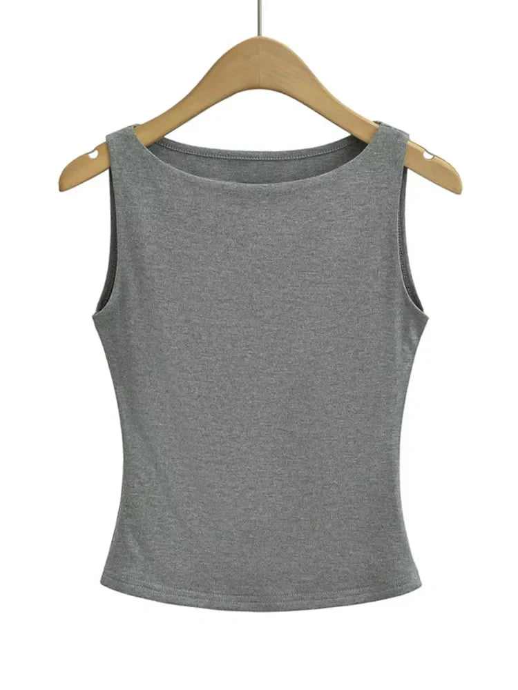 Women Double Layer Boat Neck Soft Slinky Tank Top