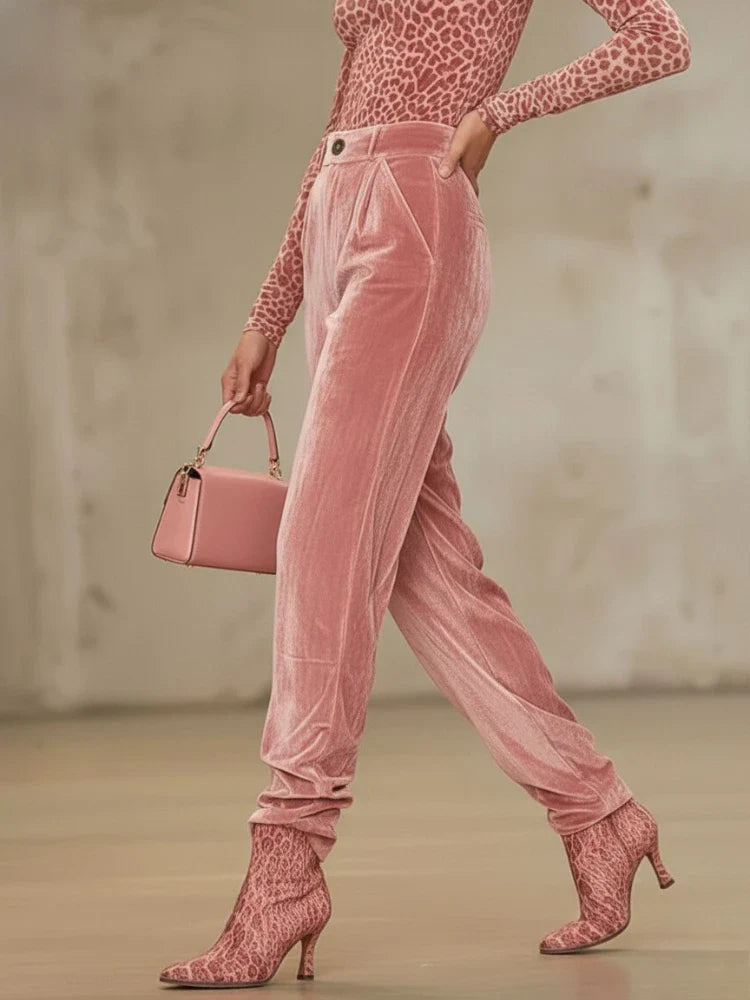 Bonboho Women's Pink Velvet High Waist Pants Buttoned Loose Fit Full Length Trousers 2026 Stylish Pleated Pants Matching Bottoms