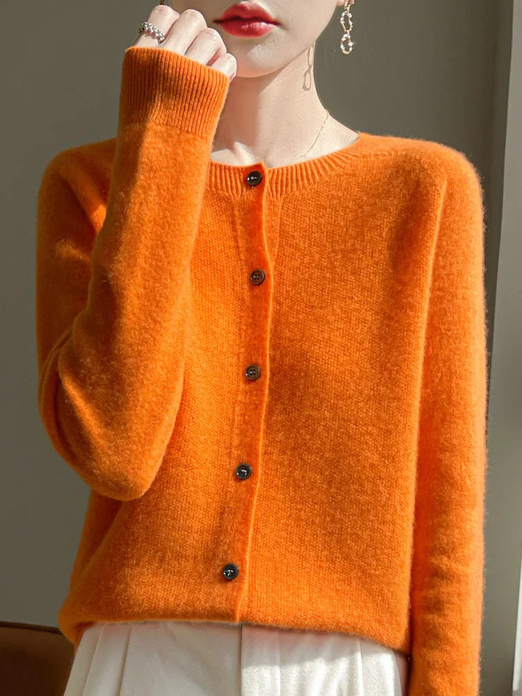 Women 100% Merino Wool Cardigan Soft O-Neck Cashmere Sweater OL Buttoned Knitwear Casual Top Clothing Korean Style