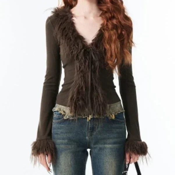 Y2k Aesthetic V-neck Jacket Women Korean Sexy Fashion Cardigan  Harajuku Vintage Bandage Fur Patchwork Coat 2024 Spring Chic
