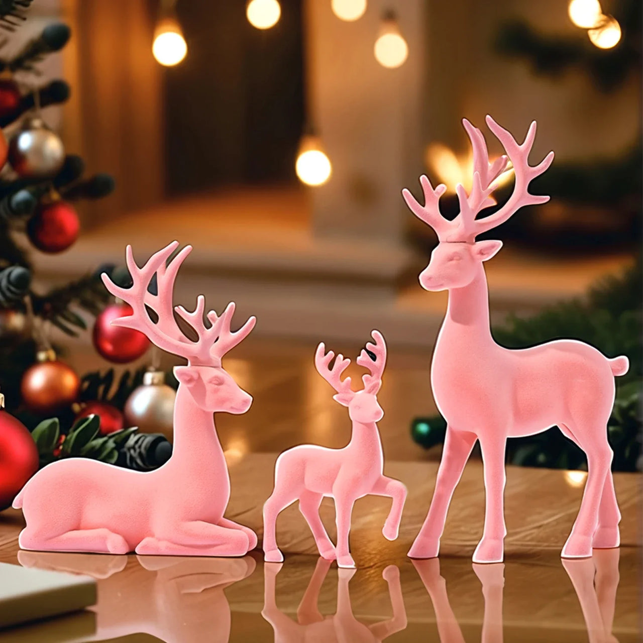 3 Pcs Large Figurines Christmas Decorations Pink Flocked Reindeer Statue Christmas Decor,White Elk Solid Synthetic Resin