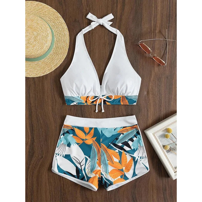 2023 Halter Bikini Set Short Swimsuit Women High Waist Swimwear Female Printed Bathers Swimming Bathing Swim Suit Beachwear