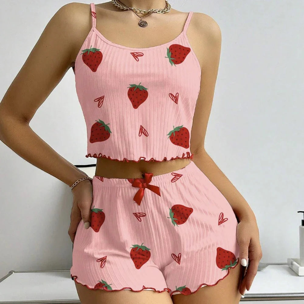 Women's Strawberry Print Ribbed Knit Ice Silk Camisole Pajama Set Comfortable Two-Piece Sleepwear for Summer