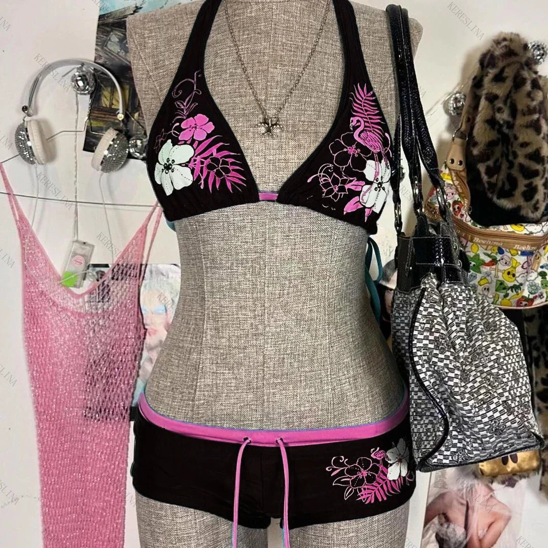 Vintage Flower print Cutie 2 set Bikini 2000s Swimsuit Sexy Women Bathing Fashion Halter Strap Swimwear High Street Beach Female