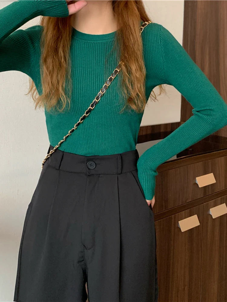 2026 New Women Sweater Autumn Winter Long Sleeve Pullover Basic Top Fashion O-neck Elastic Female Winter Solid Knitted Jumper