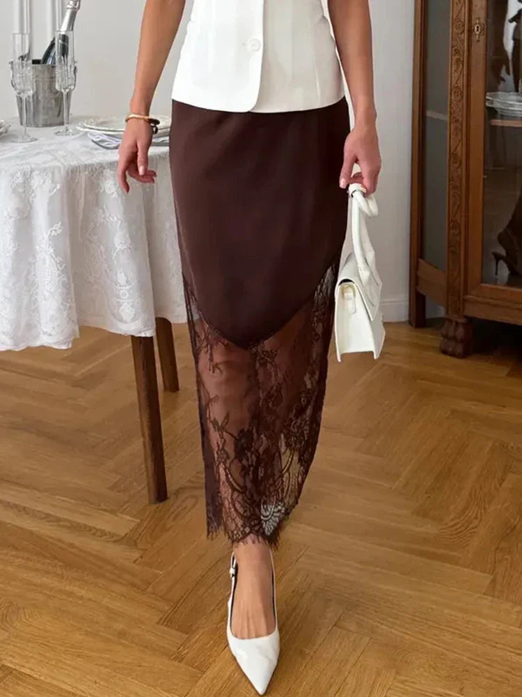 Trendix Women Patchwork Lace Skirts 2025 New High Waist Slim Hollow Out Maxi Skirts Autumn Brown Fashion Party Club Boho Skirt