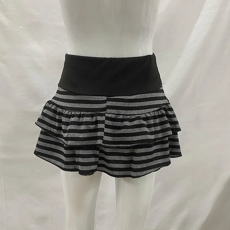 2026 Summer New Women's Wear  Y2K Grunge Black and Grey Striped Ruffle Mini Skirt  High Waist Elastic Waist Tight A-line Skirt