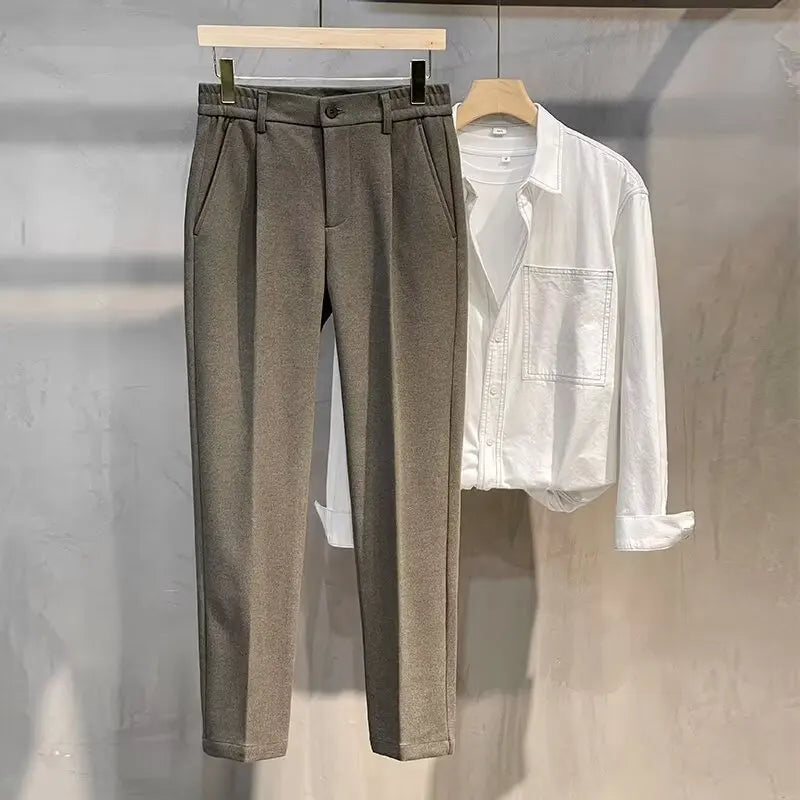 Men's Woolen Casual Pants Autumn Winter Thickened Straight Leg Slim Fit Long Trousers Korean Fashion Nine Points Pants
