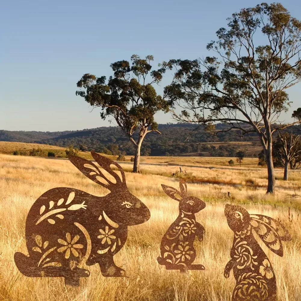 Lovely Rustic Metal Rabbit Garden Post Patinated Rusty Finish Great for Outdoor Adornment Backyard Patio Farm Area
