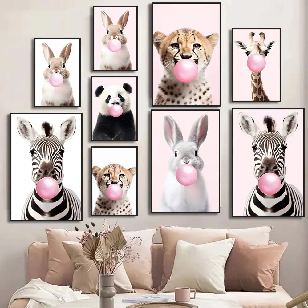 Cute Pink Panda Giraffe Bunny Cheetah Zebra Blowing Bubble Gum Poster Nursery Canvas Painting for Kids Room Animal Print Decor