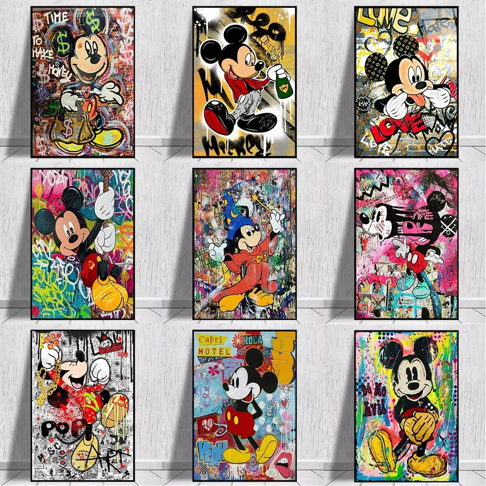 Mickey Mouse Minnie Street Graffiti Canvas Painting Prints Poster Creative Modern Wall Art Pictures Living Room Home Decor