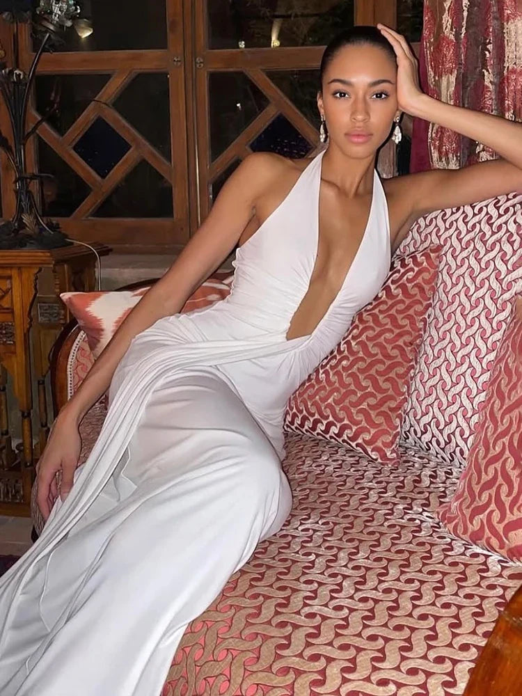 TARUXY Deep V Neck Halter Long Dress Female Elegant Ruched Ribbon Splice Summer New Vacation Dress Sexy Slim Sleeveless Vestido