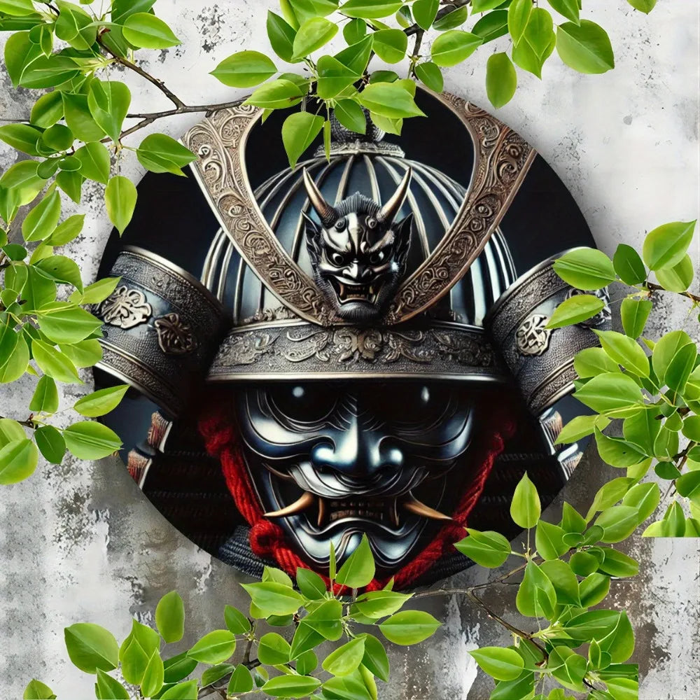 Round Metal Sign: Japanese Samurai Helmet (Oni Mask) - Wall Art Decor, Bedroom, Cafe, Home & Dorm Decoration