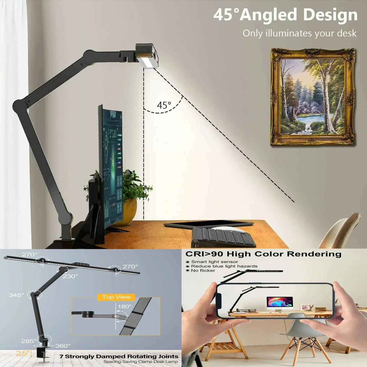 Led Desk Lamp with Clamp Architect Desk Lamp for Home Office 24W Ultra Bright Auto Dimming PC Light Stepless Dimming Table Light