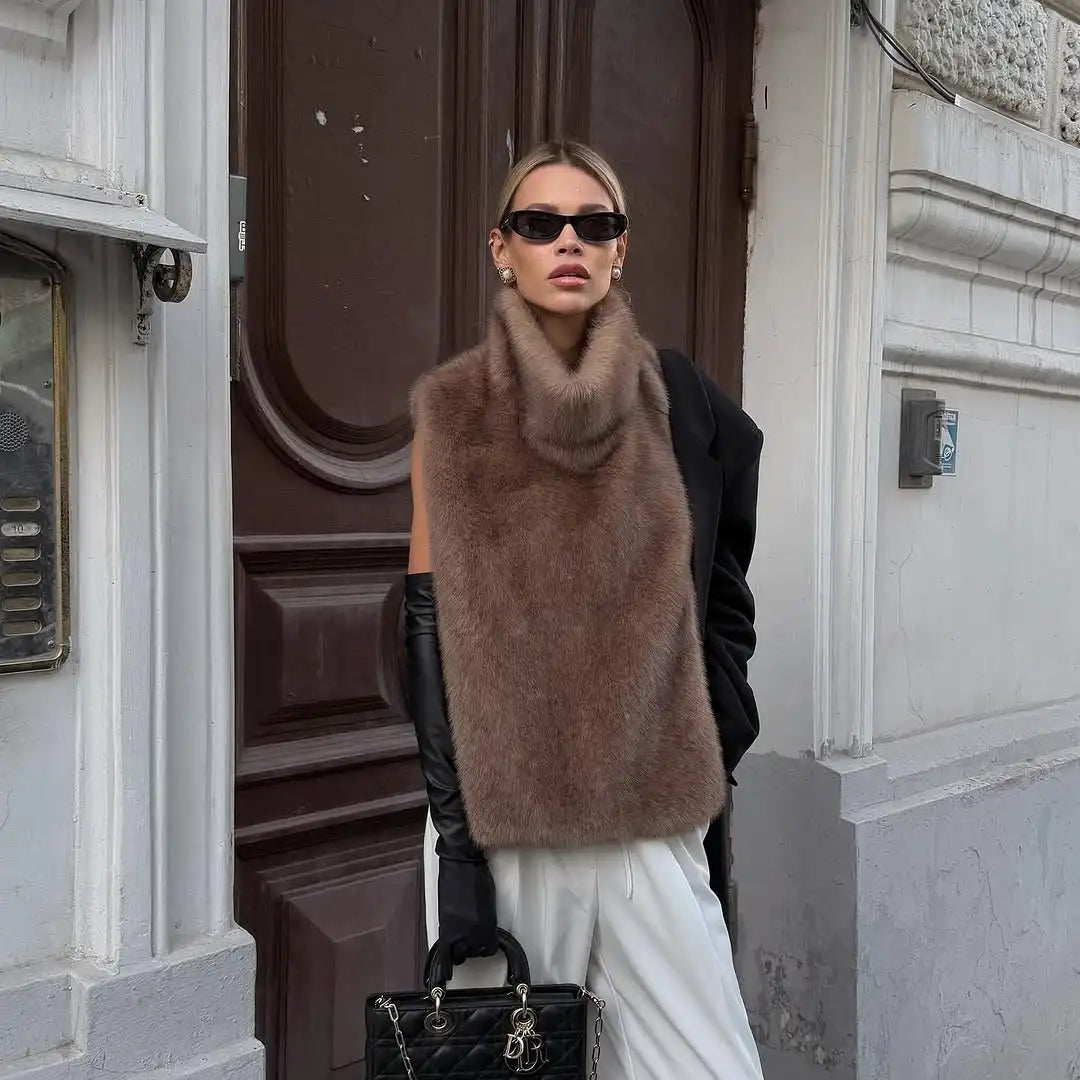 Solid Medium-length Fur Coat Women Elegant Lapel Hidden Button Loose Outerwear 2025 Winter New Office Lady Commute Overcoat