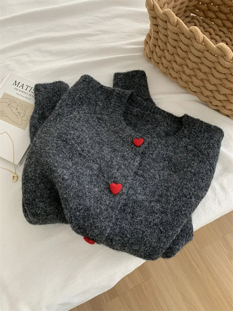 Deep Grey Wool Knitted Cardigan For Women 2026 Autumn Winter Soft And Sticky Warm Love Buckle Shoulder Sleeves
