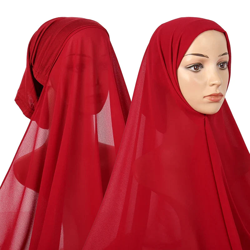 New Plain Instant Hijab Bubble Chiffon With Modal Tube Cap Set Muslim Woman Hijab Innerscarf Casual Long Scarf Islamic Turban